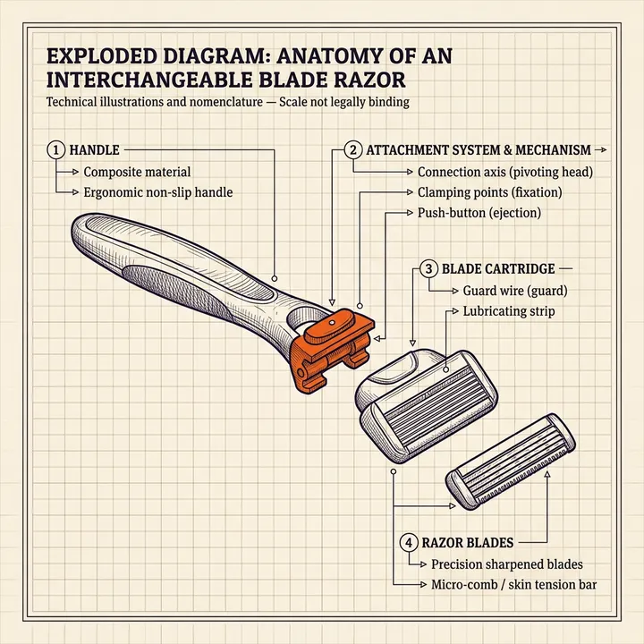 Exploded diagram of an interchangeable-blade razor: handle, attachment system, cartridge and blades.
