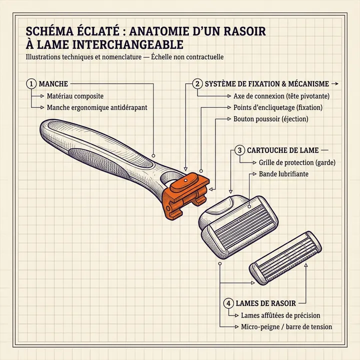Schéma éclaté d'un rasoir à lame interchangeable : manche, système de fixation, cartouche et lames.