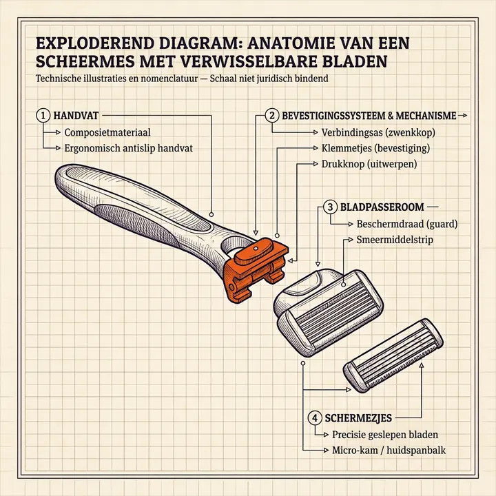 Uiteengetrokken schema van een scheermes met verwisselbare mesjes: handvat, bevestigingssysteem, cartridge en mesjes.